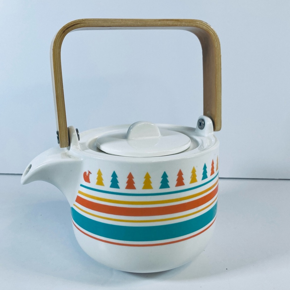 David’s Tea Cute Trees Foxes Wood Handle Ceramic Pastel Striped Teapot No Cup
